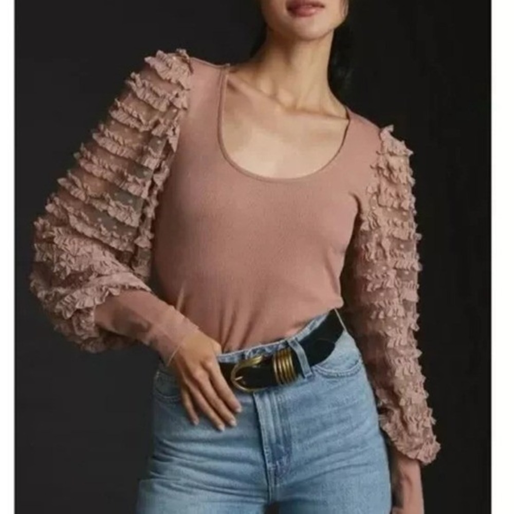Anthropologie NEW Dolan Dusty Rose Ruffle Puff Sleeve Top SZ Large Coquette Boho